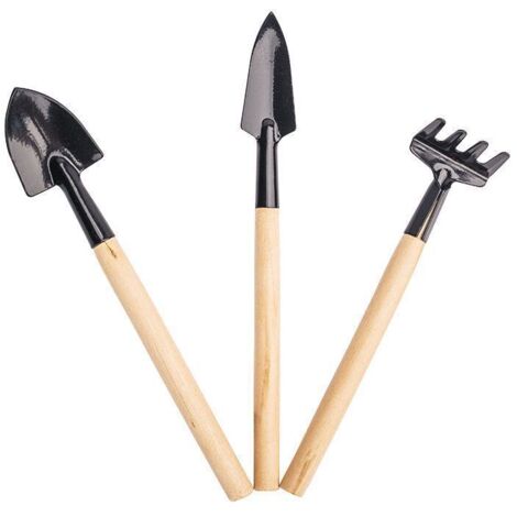 Set de 3 outils de jardin miniatures : pelle, bêche et râteau, manche en bois (1/5)