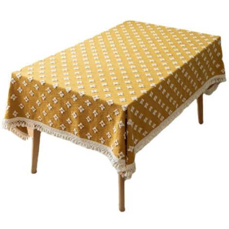 Nappe rectangulaire jaune texturée, 140×180 cm, finition pompons (1/5)
