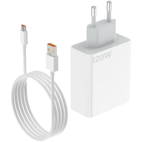 Chargeur mural 120W rapide pour Xiaomi/Redmi, prise EU, kit adaptateur + câble USB-C blanc