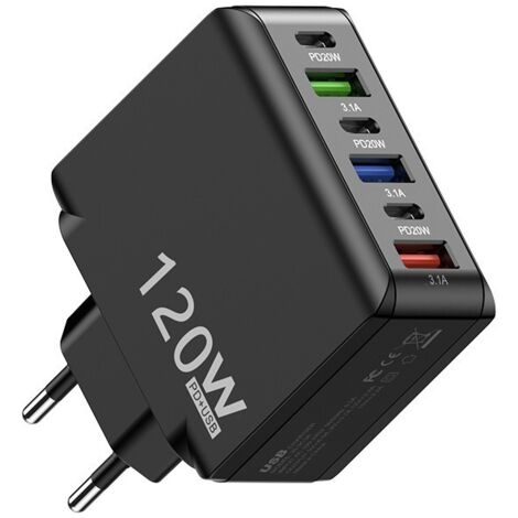 Chargeur rapide multi-port 120W plusieurs coloris, 3USB + 3PD prise européenne pour smartphone (1/5)