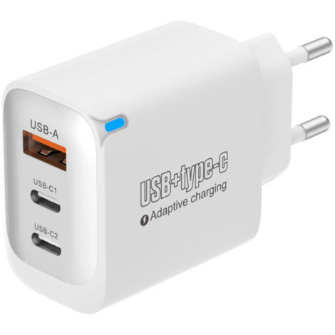 Chargeur mural 12W certifié (1 USB-A + 2 USB-C), prise EU blanche, kit avec câble USB-C vers Lightning (1/4)