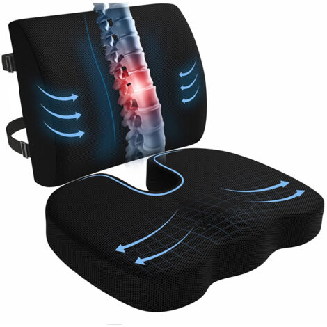 Coussin lombaire et assise en mousse mémoire de forme, polyester respirant maille 3D et velours noir, dimensions 33×32×10 cm et 45×35×7 cm (1/5)