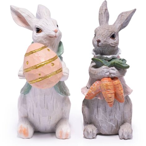 Set de 2 décorations lapins de Pâques en résine : lapin à l'œuf et lapin aux carottes, pour la maison (1/5)