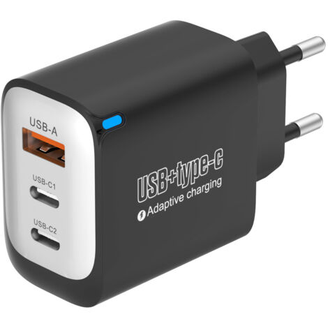 Chargeur mural 12W certifié norme sécurité, 1U+2C multi-ports, prise EU noire, kit avec câble USB vers Lightning pour smartphones et petits appareils (1/4)