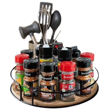 Étagère rotative cuisine bois et métal, plateau tournant deux barres pour rangement épices et pots d'assaisonnement (1/5)