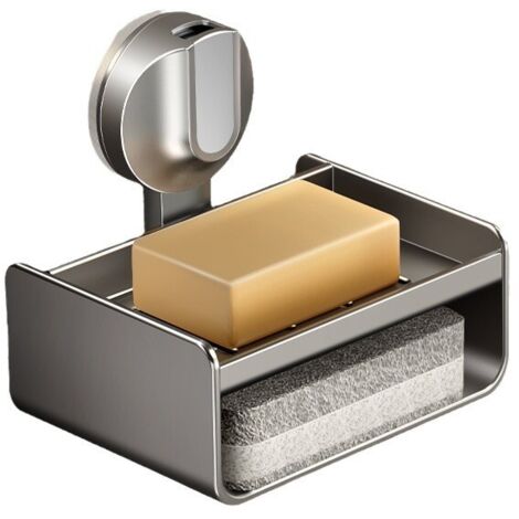 Lot de 2 porte-savons gris canon à ventouses avec égouttoir, sans perçage pour salle de bain (1/4)
