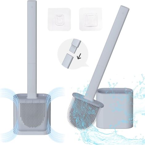 Brosse WC en silicone avec support mural, long manche, antibactérienne, flexible, plate, séchage rapide, grise. (1/5)
