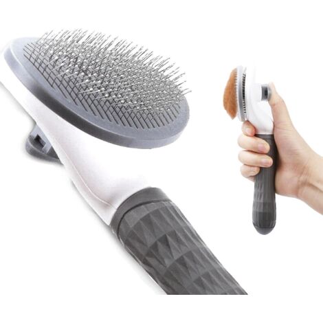 Brosse pour chat, brosse pour chien, brosse de toilettage autonettoyante pour animaux de compagnie. Efficace pour éliminer les poils morts et l'urine des animaux à poils longs et courts (gris). (1/5)