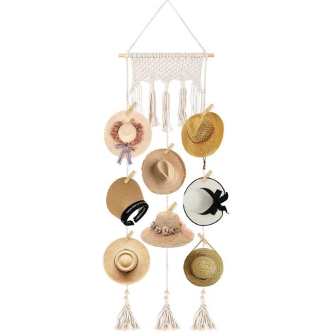 Porte-chapeaux mural en bois avec 10 pinces et pompons (1/5)