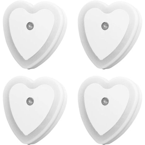 Veilleuse LED avec capteur marche/arrêt automatique intelligent, lot de 4, 0,5 W, à brancher, pour chambre, salle de bain, couloir, escaliers ou toute pièce sombre, luminosité douce (forme de cœur). (1/5)