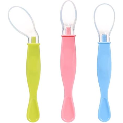 Ensemble de 3 cuillères souples en silicone de couleurs différentes pour l'apprentissage de la cuisine chez bébé. Cuillères à mâcher et à écraser les aliments. (1/5)