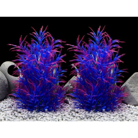 Ensemble de 2 décorations décoratives pour aquarium : grande plante en plastique, idéale pour tous les poissons (10 x 32 cm, violet). (1/3)