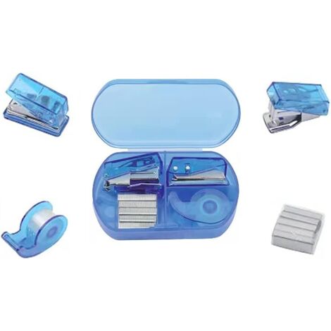 Ensemble de fournitures de bureau miniatures bleues, comprenant une mini agrafeuse, un dérouleur de ruban adhésif, une perforatrice et des agrafes pour fournitures scolaires. (1/5)
