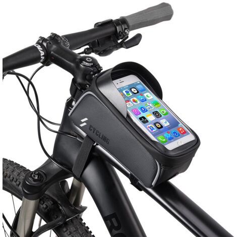 Sacoche de cadre de vélo pour téléphone tactile, noire, étanche, 6 pouces. Support de téléphone étanche pour vélo avec fermeture velcro. (1/5)