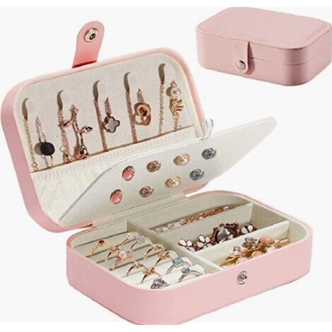 Boîte à bijoux portable et élégante pour colliers, bagues et boucles d'oreilles, double compartiment, rose. (1/5)