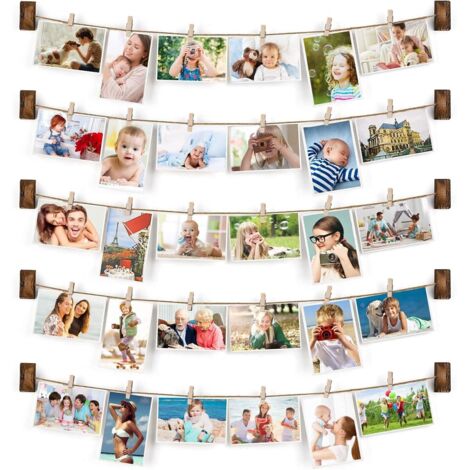 Ensemble de 5 cadres photo collage à suspendre au mur, avec 30 pinces pour afficher vos photos, noir anthracite. (1/5)