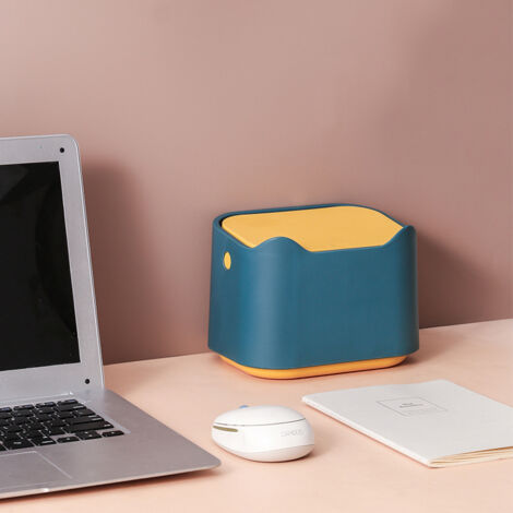 Petite poubelle de bureau avec couvercle pour bureau, chambre, bureau, voiture, intérieur, couvercle bleu et jaune (1/5)