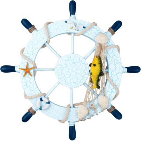 Statues et autres décorations - Roue de navire en bois de 28 cm - Décoration murale sur le thème de la plage - Bleu clair - 1 pièce (1/5)