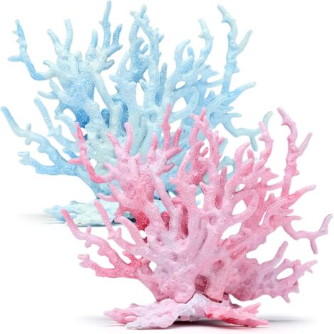 Lot de 2 coraux artificiels colorés, décoration pour aquarium, plantes aquatiques en plastique, 17 x 14 cm, rose et bleu. (1/5)