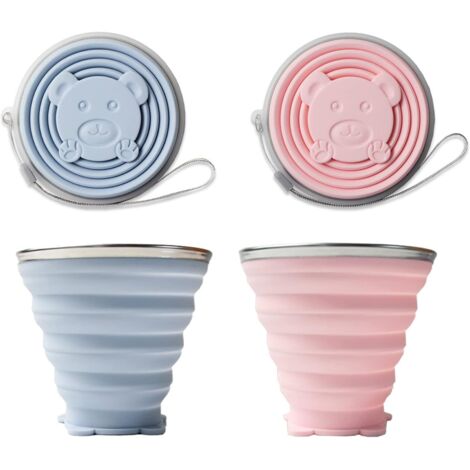Lot de 2 gobelets pliables en silicone, sans BPA, pour vos voyages (bleu + rose) (1/5)