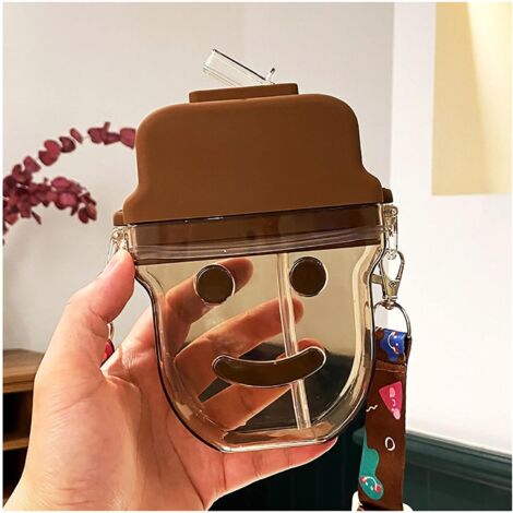Gobelet en plastique marron avec paille et motif smiley, idéal pour les étudiants et les activités de plein air. Un cadeau pratique et original pour les étudiants. (1/4)