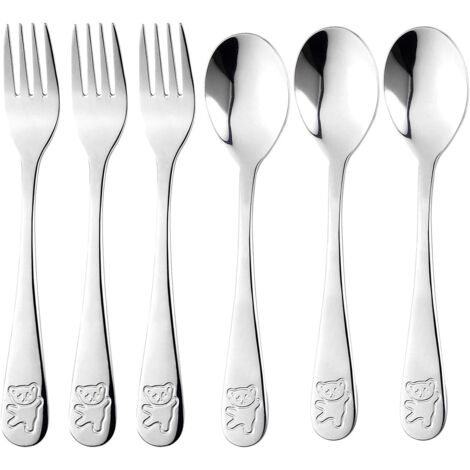 Ensemble de couverts en acier inoxydable pour enfants (6 pièces), comprenant 3 fourchettes et 3 cuillères, idéal pour l'école à la maison (Ours, Argent) (1/5)