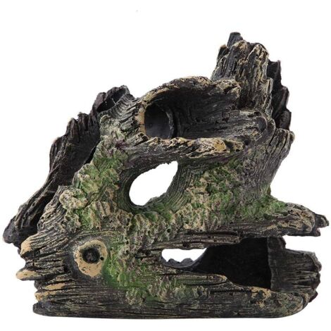 Décoration originale pour aquarium : tronc d'arbre décoratif avec trou pour poissons, aquarium creux, imitation bois mort, en résine, 15 x 7 x 14 cm, vert et gris, 1 pièce (1/5)