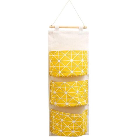 Sac de rangement suspendu, sac de rangement mural pratique à plusieurs niveaux, sac de rangement imperméable en coton et lin (jaune) (1/3)