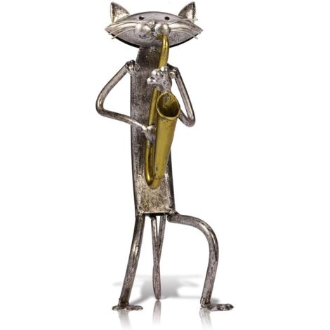 Statues et autres décorations - Sculpture en métal représentant un chat avec une guitare - Cadeau, artisanat et décoration intérieure - 11 x 9 x 24,7 cm - Argent - 1 pièce (1/5)