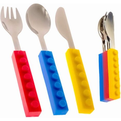 Ensemble de vaisselle en forme de blocs de construction créatifs, en acier inoxydable et silicone (3 pièces) (1/5)