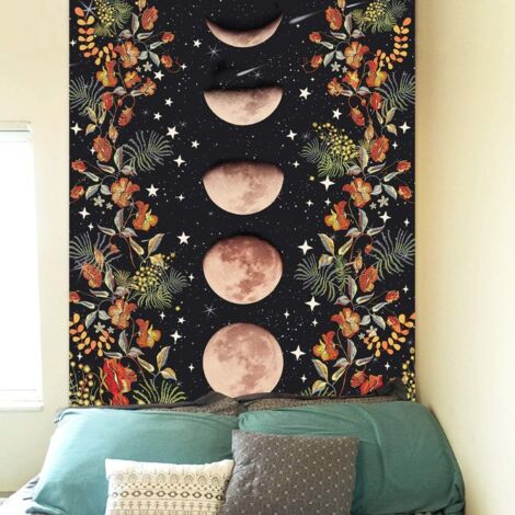 Tapisserie Jardin au clair de lune, Tapisserie étoilée à motif de vigne fleurie, Tapisserie à fond noir, Tapisserie pour chambre ou salon (1/4)