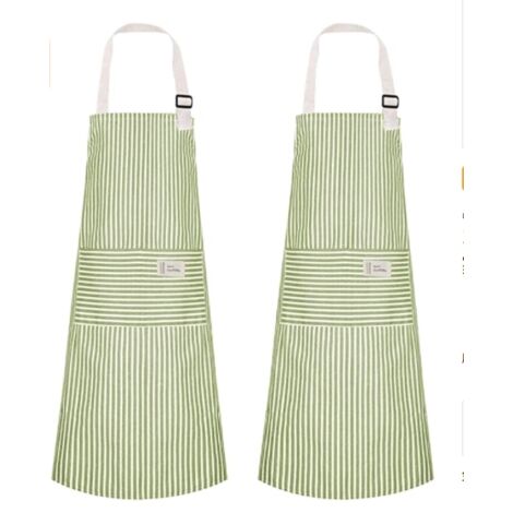 Tabliers de cuisine ajustables en lin et coton (2 pièces), pour barbecue, jardin et repas (vert). (1/3)