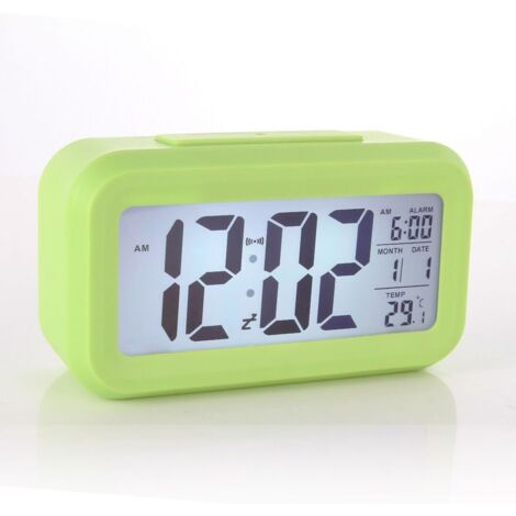 Réveil LED intelligent avec grand écran numérique lumineux vert, affichage de la température et du calendrier électronique. (1/3)