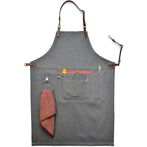 Tablier en denim gris neutre avec lanière en cuir, idéal pour la cuisine au grill, avec poches, taille L (1/5)