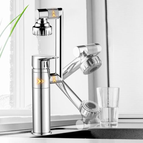 Robinet d'évier, mitigeur chromé 360°, argenté, douchette et diffuseur, poignée unique, eau chaude et froide réglables (1/5)