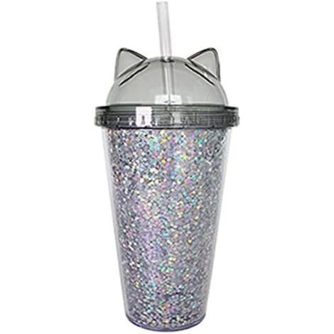 Gobelet en plastique à paillettes, double paroi, avec oreilles de chat et paille (gris) (1/5)