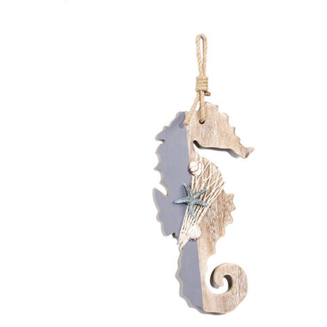 Statues et autres décorations - Suspension murale en bois en forme d'hippocampe, style méditerranéen rétro, 16 x 30 cm, bleu et blanc, 1 pièce (1/4)