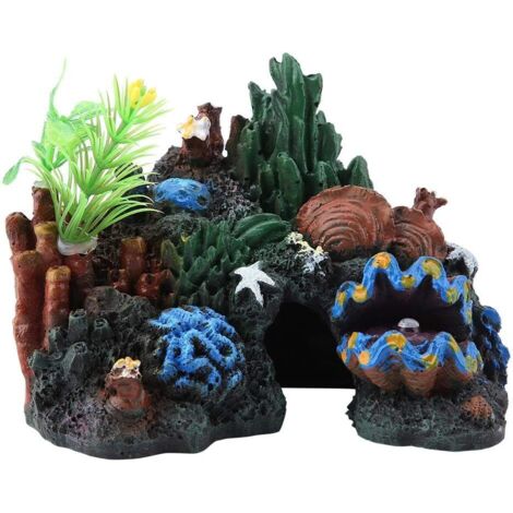 Décoration d'aquarium : statues miniatures en résine, paysage aquatique, grotte, plantes artificielles, 12,5 x 7 x 10 cm, vert, bleu, marron, 1 pièce (1/5)