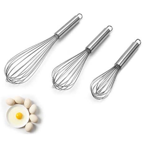 Ensemble de 3 fouets de cuisine, fouets professionnels en acier inoxydable de 25 x 25 x 30 cm, accessoires de pâtisserie, fouets antiadhésifs pour mélanger la crème anglaise (argenté) (1/5)