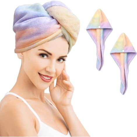 Lot de 2 lingettes microfibres arc-en-ciel à séchage rapide et ultra-absorbantes, avec boutons pour sécher les cheveux. (1/5)