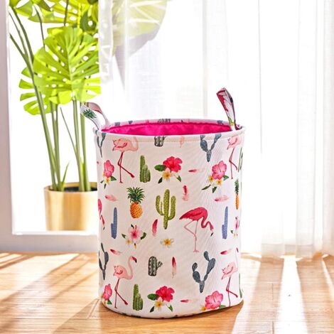 Panier à linge pliable, grand panier cylindrique en coton, boîte de rangement pour la maison, motif flamant rose (1/4)
