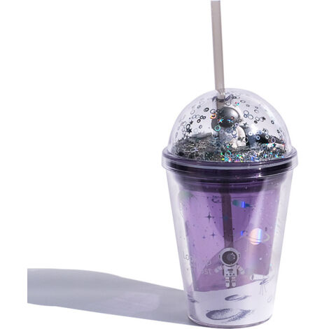 Gourde pour enfants 380 ml, tasse à paillettes, gobelet à café avec paille et couvercle (violette) (1/5)