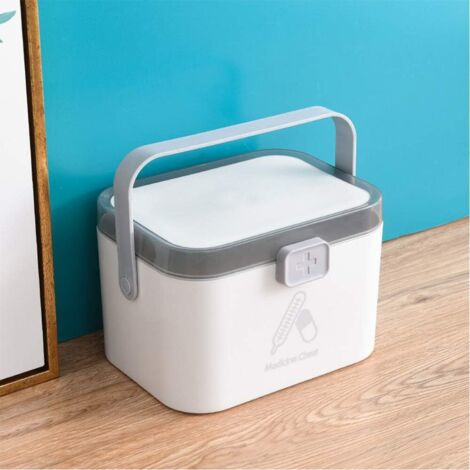 Boîte à pharmacie portable en plastique, pliable et multi-composants, grise, pour la maison. (1/3)