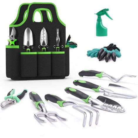 Ensemble d'outils de jardinage, kit de jardinage extérieur en aluminium de 9 pièces comprenant des gants de jardinage, une pelle, un sécateur, etc., avec gants et sac de rangement. Idée cadeau pour ho (1/5)