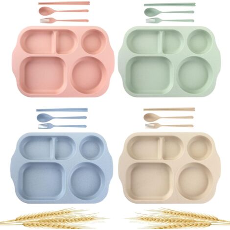 Ensemble de couverts pour enfants (4 pièces) : assiette compartimentée épaisse, baguettes, fourchette et cuillère.