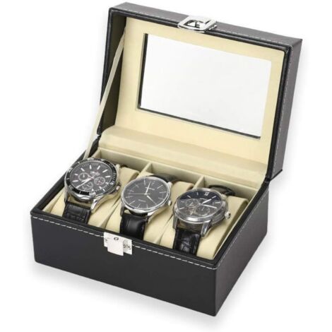 Boîte à montres à 3 emplacements, en cuir PU, verrouillable, avec présentoir noir. (1/5)