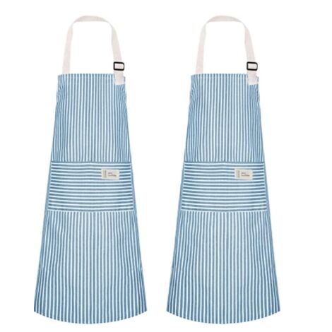 Tabliers de cuisine ajustables en lin et coton (2 pièces), bleus, pour barbecue, jardin et repas à la maison. (1/3)