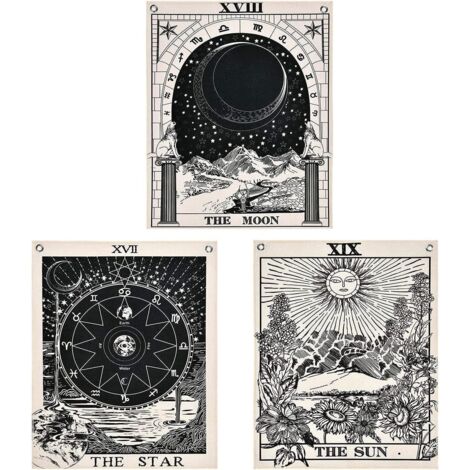 Lot de 3 tapisseries de tarot Soleil Lune Étoile avec œillets rouillés et clous invisibles (1/5)