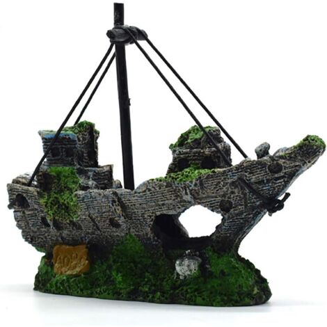 Ornement décoratif, décoration d'aquarium, décoration de voilier, petit bateau en résine, bateau-filet, aquarium, environ 14,5 cm de longueur, 5,5 cm de largeur, 12 cm de hauteur, bateau pirate, 1 piè (1/5)