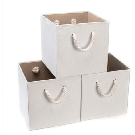 Boîte de rangement, boîte de rangement pour vêtements, boîte de rangement pour divers objets avec poignées en corde de bambou et de coton, lot de 4, beige (1/4)